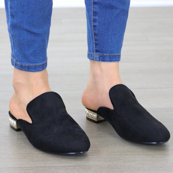 Suede Slip On Loafer Mule Pearl Accents on Heel - Picture 9 of 13